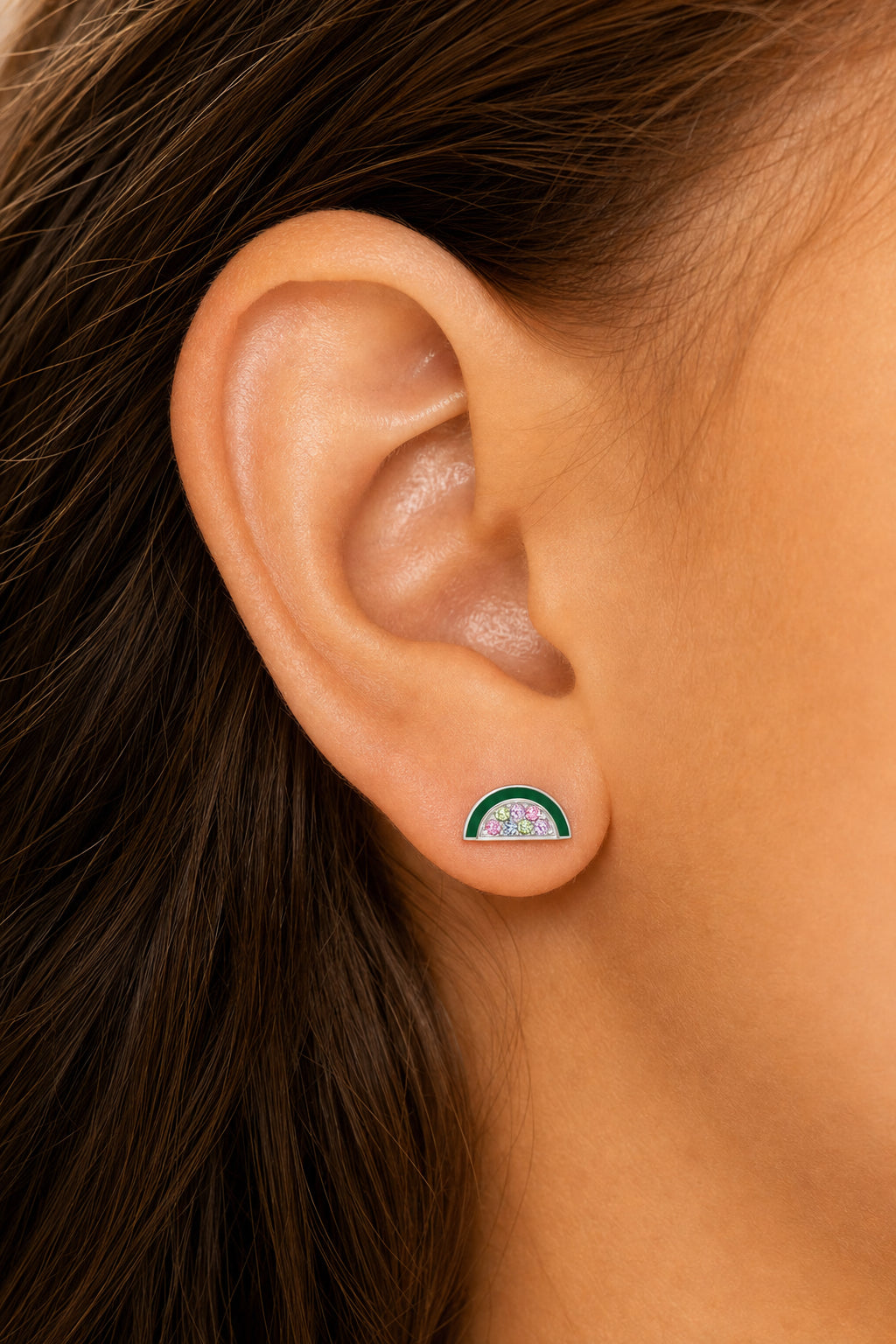 Watermelon Crystal White Gold Palladium Plating Hypoallergenic Kids Screwback Stud Earrings Surgical Titanium Posts - worn