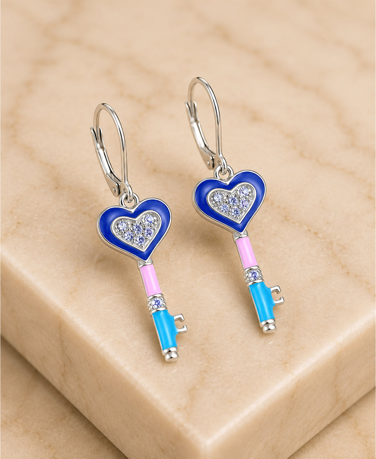 Heart Key Crystal White Gold Palladium Plating Hypoallergenic Kids Leverback Earrings - close-up