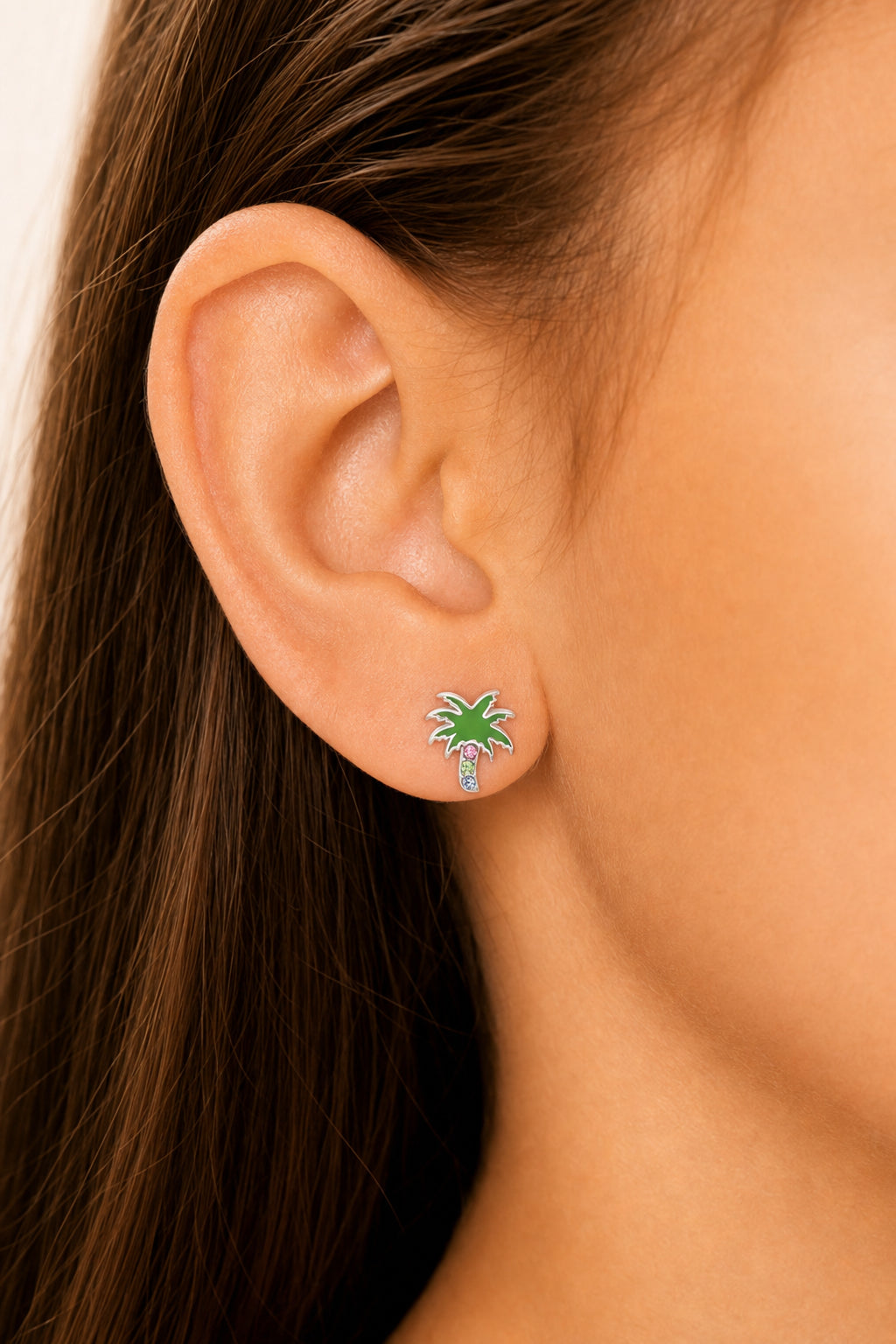 Palm tree Crystal White Gold Palladium Plating Hypoallergenic Kids Screwback Stud Earrings Surgical Titanium Posts - worn