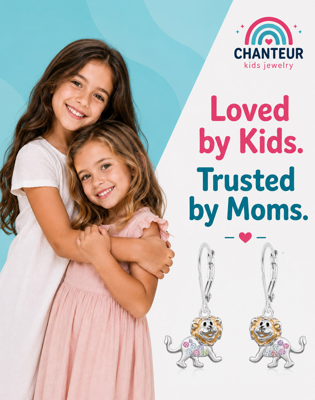 Lion Crystal White  Gold Palladium Plating Hypoallergenic Kids Leverback Earrings are made from 925 Sterling silver - gift and lifestyle