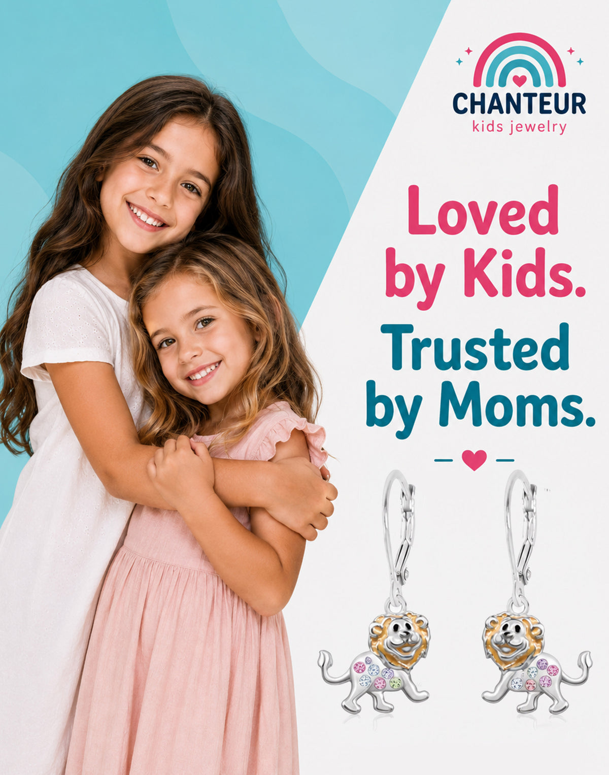 Lion Crystal White  Gold Palladium Plating Hypoallergenic Kids Leverback Earrings are made from 925 Sterling silver - gift and lifestyle