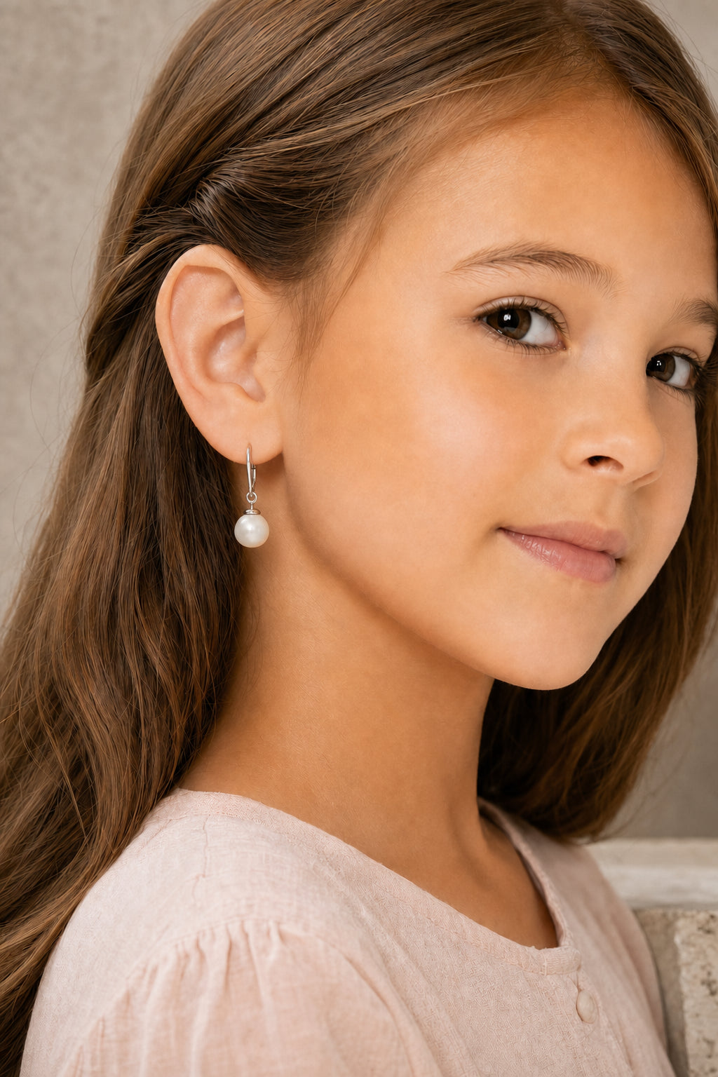 Pearl White Gold Palladium Plating Hypoallergenic Kids Leverback Earrings - worn
