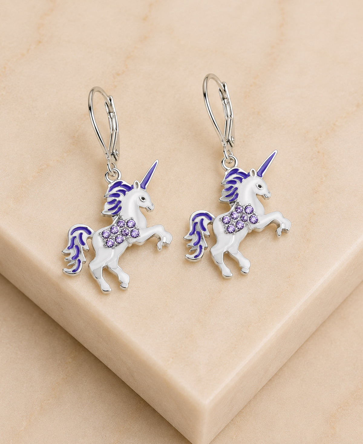 Unicorn Crystal White Gold Palladium Plating Hypoallergenic Kids Leverback Earrings are made from 925 Sterling silver - close-up