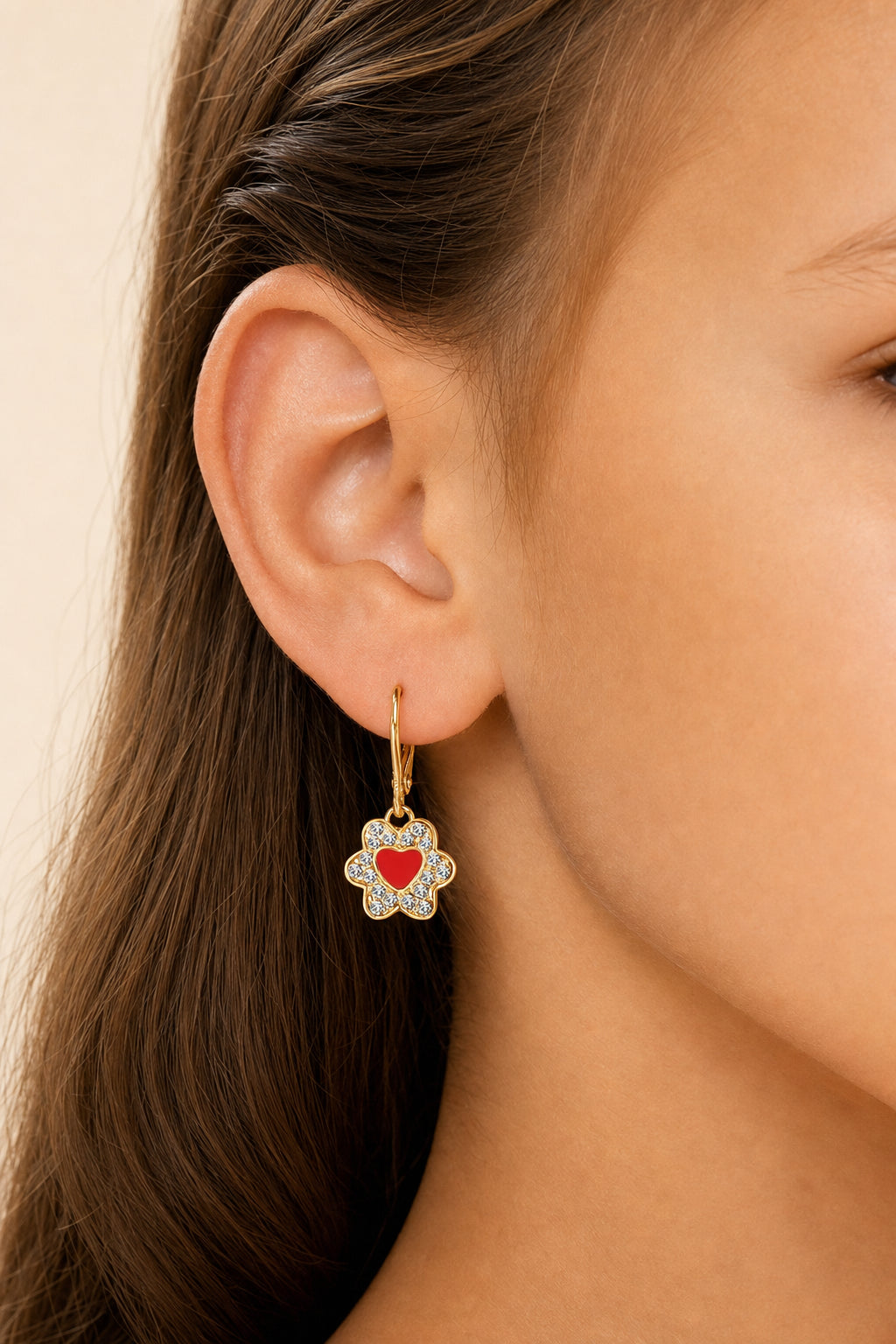 Heart Flower Heart Crystal Yellow Gold Brass Plating Hypoallergenic Kids Leverback Earrings - worn