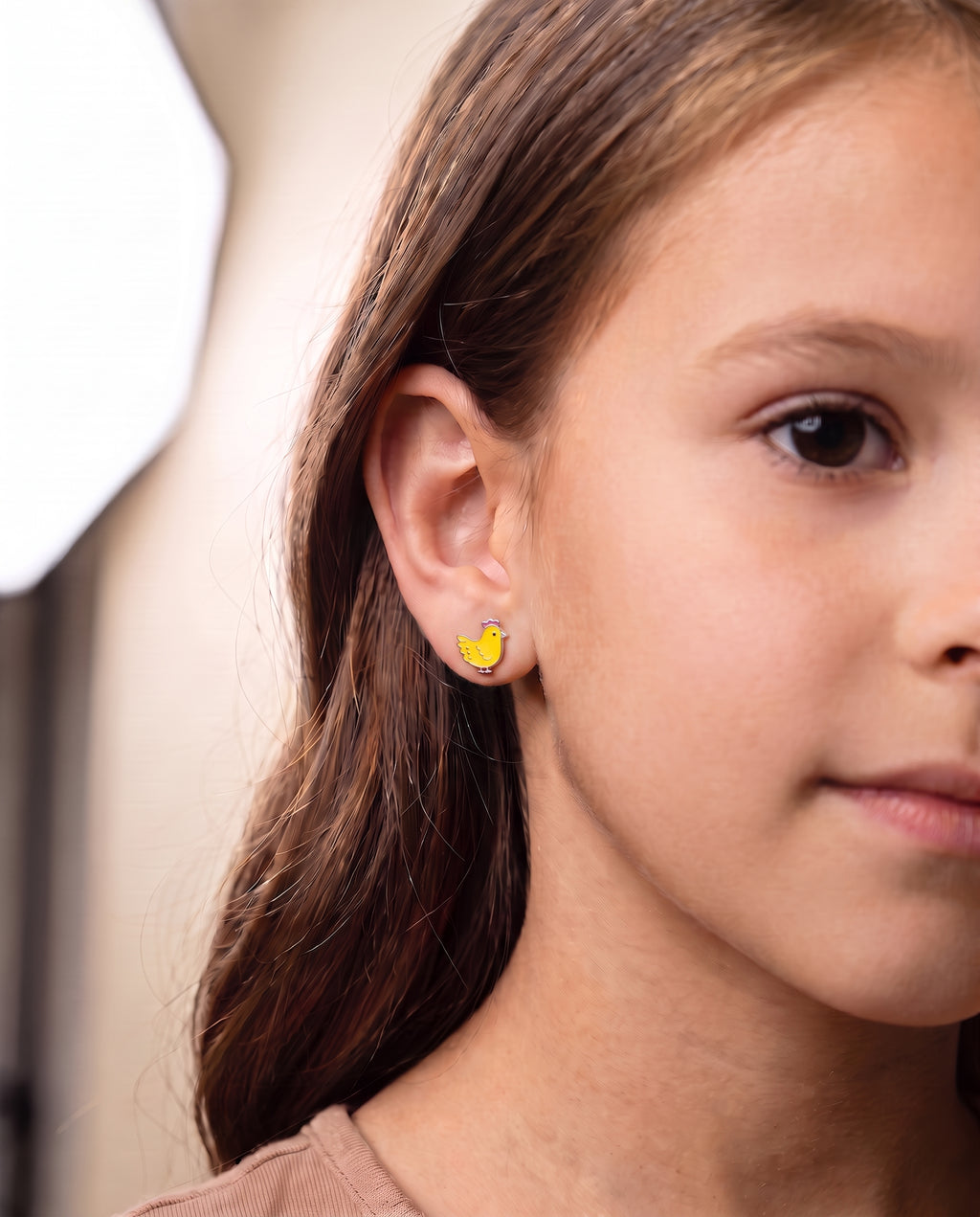 Rooster Crystal White Gold Palladium Plating Hypoallergenic Kids Screwback Stud Earrings Surgical Titanium Posts - worn