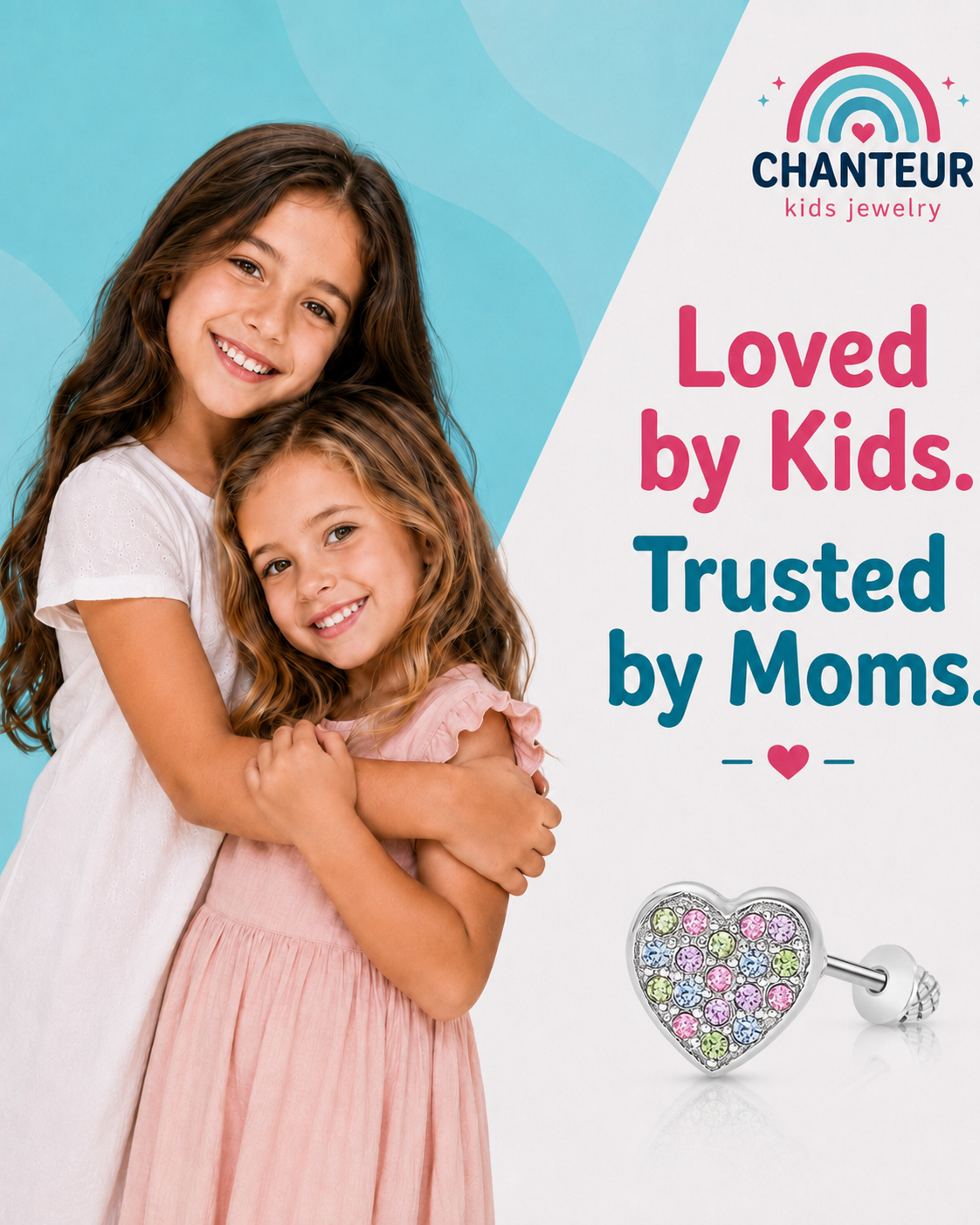 Heart Multi-color Crystal White Gold Plating Hypoallergenic Kids Screwback Stud Earrings Surgical Titanium Posts - gift and lifestyle