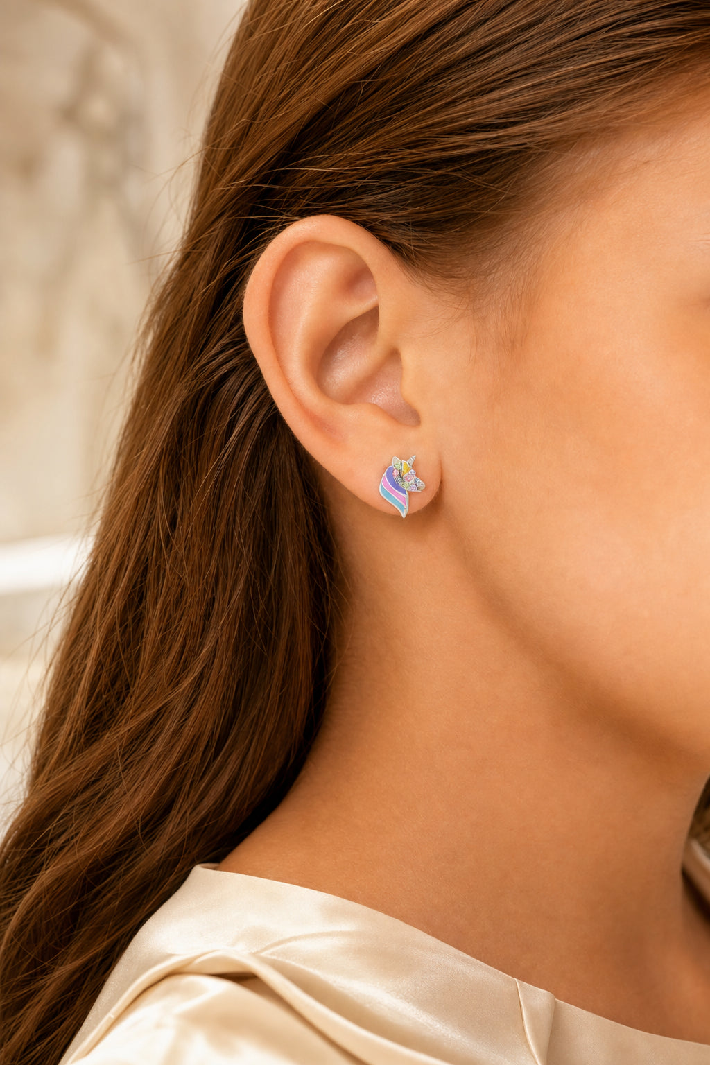 Unicorn Enamel Crystal White Gold Palladium Plating Hypoallergenic Kids Screwback Stud Earrings Surgical Titanium Posts - worn