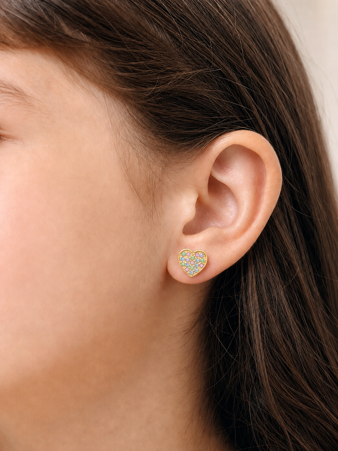 Heart White Crystal  Yellow Gold Brass Plating Hypoallergenic Kids Screwback Stud Earrings Surgical Titanium Posts - worn