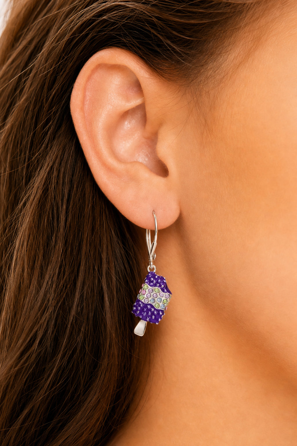 Ice pop Crystal White Gold Palladium Plating Hypoallergenic Kids Leverback Earrings - worn
