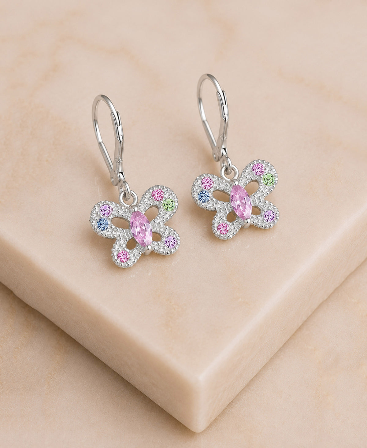 Butterfly Crystal White Gold Palladium Plating Hypoallergenic Kids Leverback Earrings - close-up