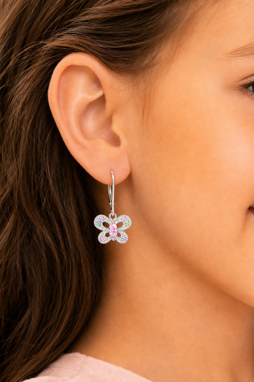 Butterfly Crystal White Gold Palladium Plating Hypoallergenic Kids Leverback Earrings - worn