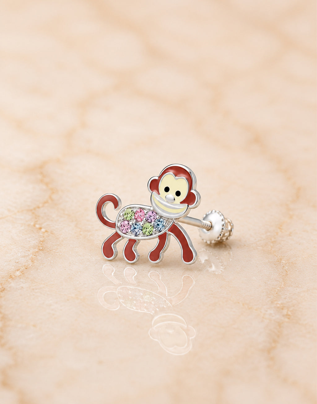 Monkey Crystal White Gold Palladium Plating Hypoallergenic Kids Screwback Stud Earrings Surgical Titanium Posts - close-up