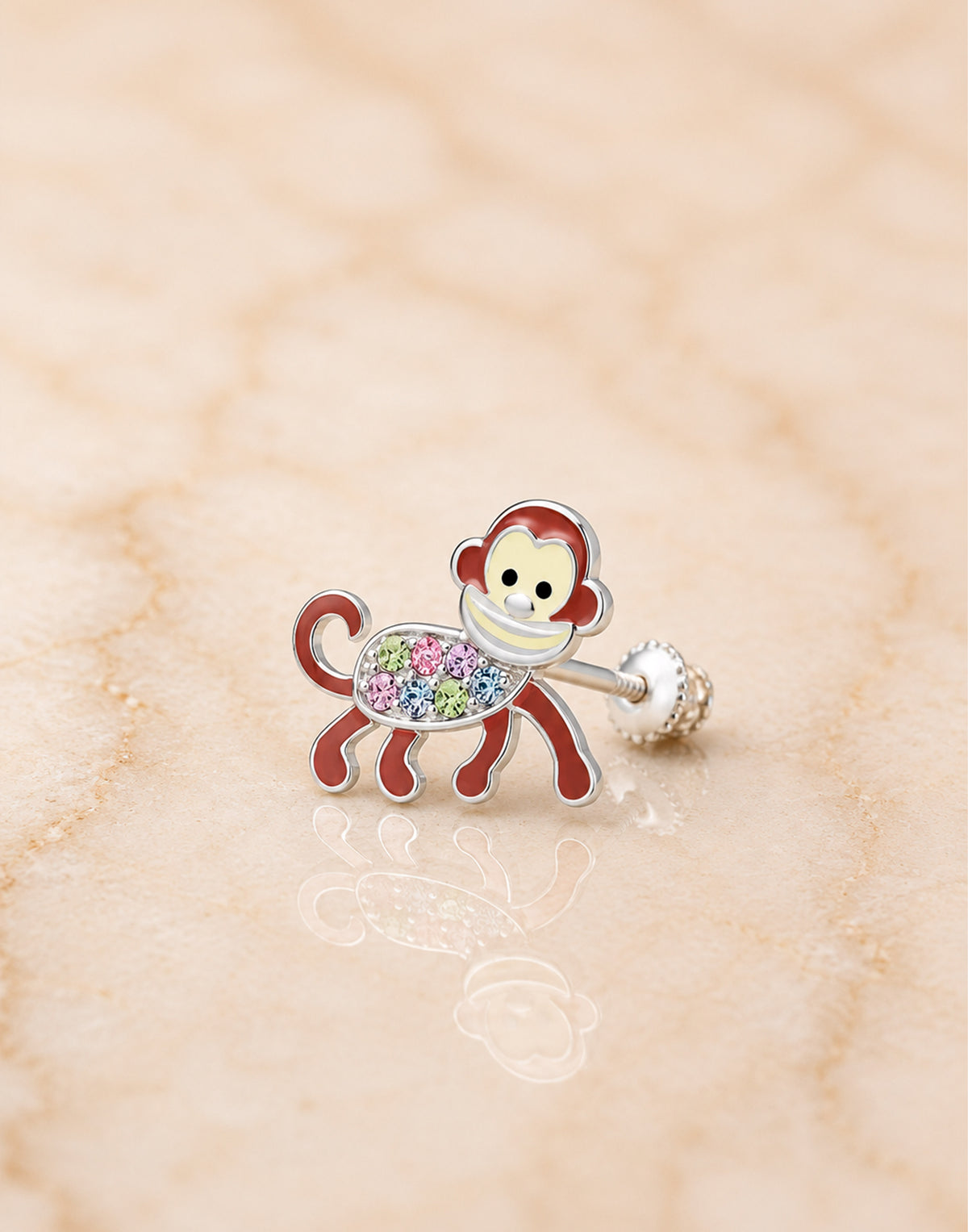 Monkey Crystal White Gold Palladium Plating Hypoallergenic Kids Screwback Stud Earrings Surgical Titanium Posts - close-up