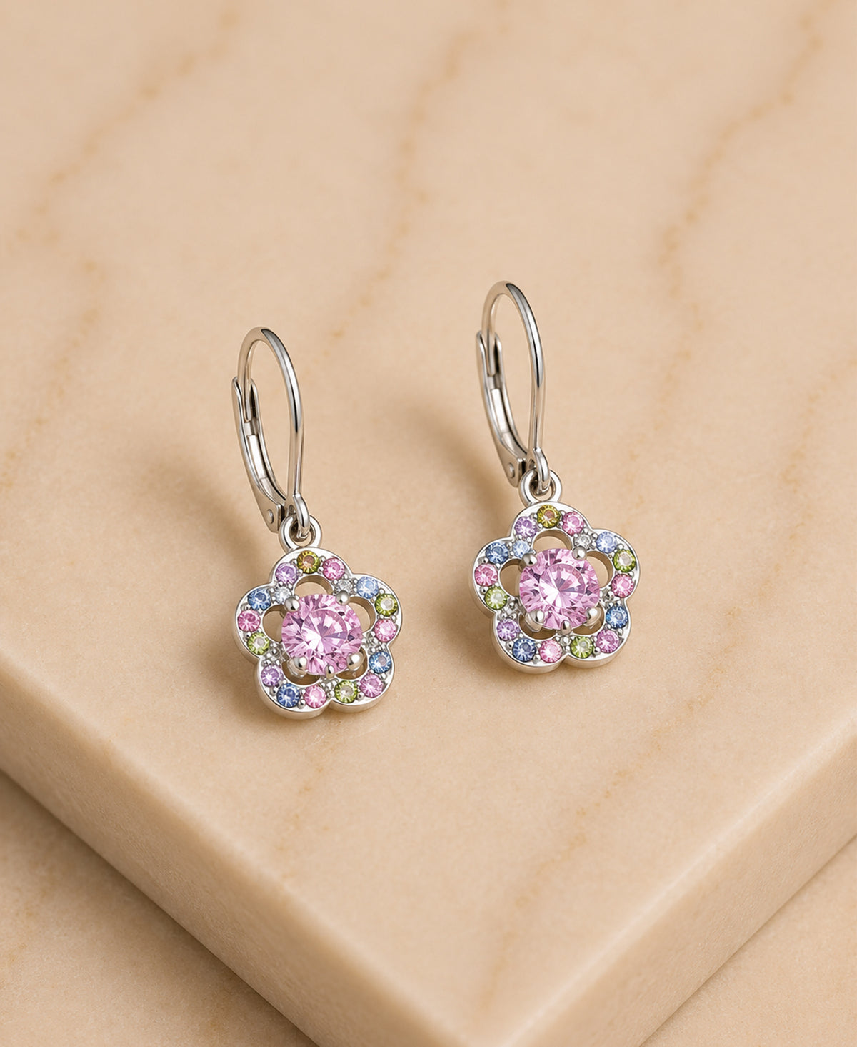 Flower Crystal White Gold Palladium Plating Hypoallergenic Kids Leverback Earrings are made from 925 Sterling silver - close-up