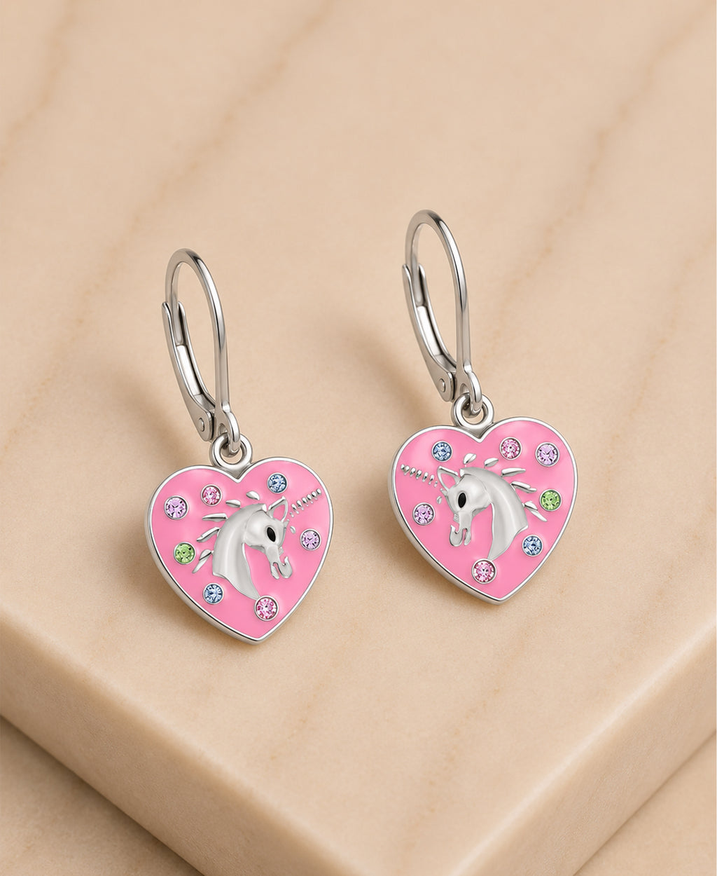 Unicorn Pink Heart Crystal White Gold Palladium Plating Hypoallergenic Kids Leverback Earrings - close-up