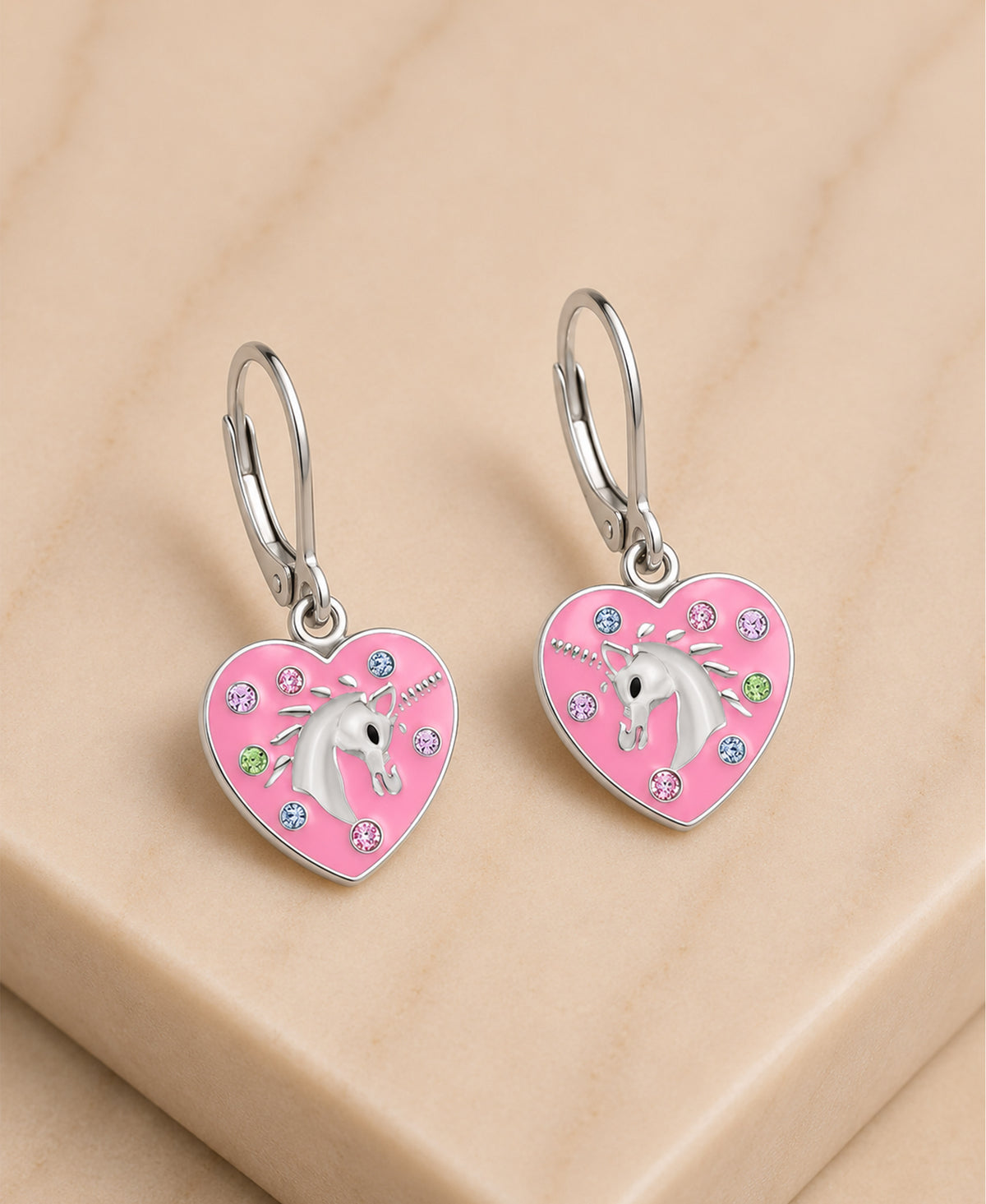 Unicorn Pink Heart Crystal White Gold Palladium Plating Hypoallergenic Kids Leverback Earrings - close-up