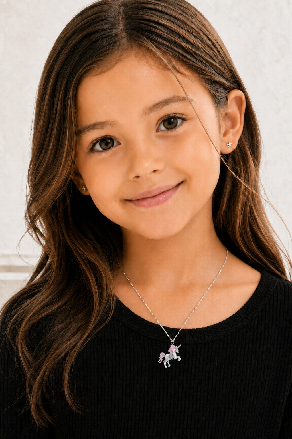Unicorn Crystal White Gold Palladium Plating Hypoallergenic Kids Necklace - worn