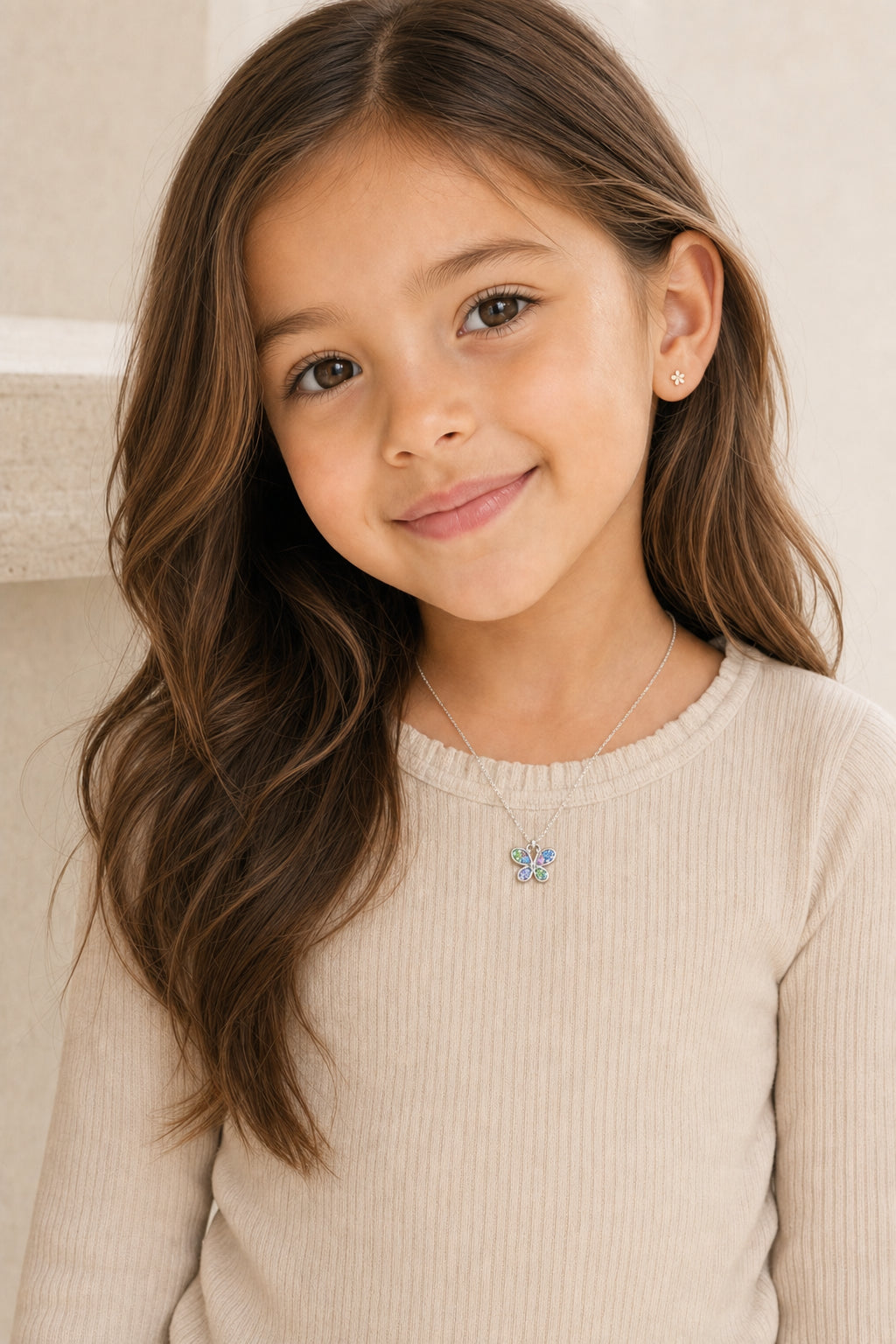 Butterfly Crystal White Gold Palladium Plating Hypoallergenic Kids Necklace - worn