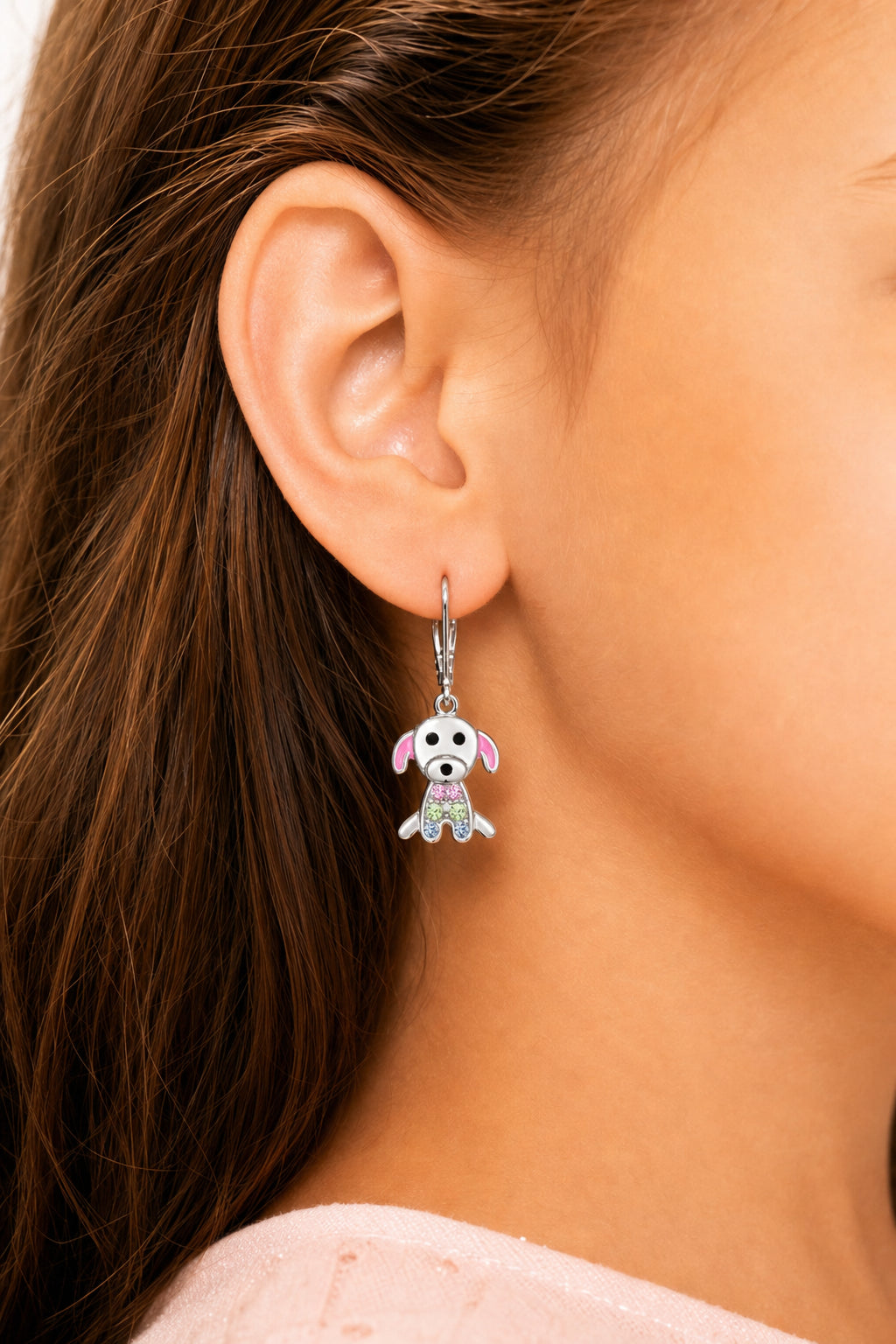 Dog Crystal White Gold Palladium Plating Hypoallergenic Kids Leverback Earrings - worn