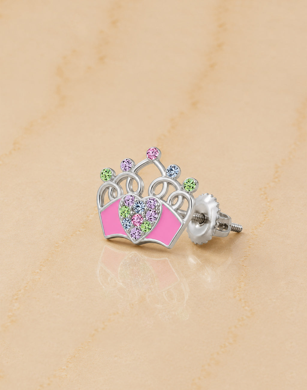 Crown Pink Crystal White Gold Palladium Plating Hypoallergenic Kids Screwback Stud Earrings Surgical Titanium Posts - close-up