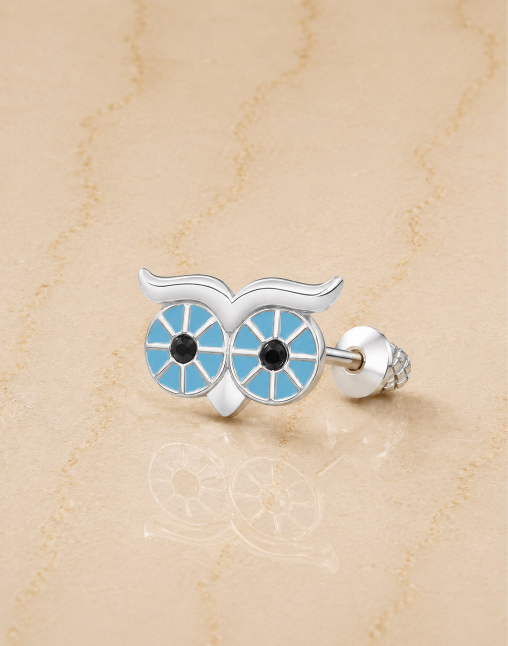 Owl Blue Enamel White Gold Palladium Plating Hypoallergenic Kids Screwback Stud Earrings Surgical Titanium Posts - close-up