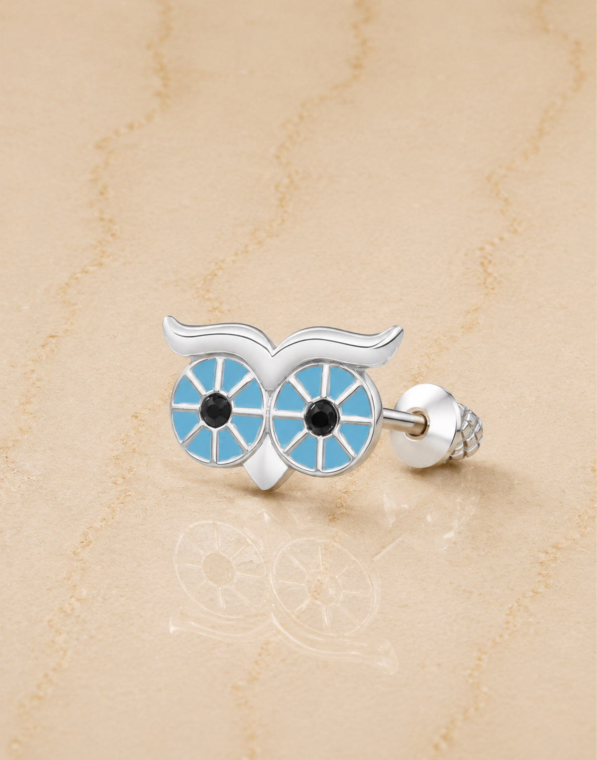 Owl Blue Enamel White Gold Palladium Plating Hypoallergenic Kids Screwback Stud Earrings Surgical Titanium Posts - close-up