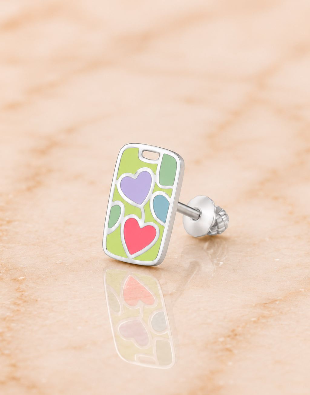 Hearts Enamel White Gold Palladium Plating Hypoallergenic Kids Screwback Stud Earrings Surgical Titanium Posts - close-up