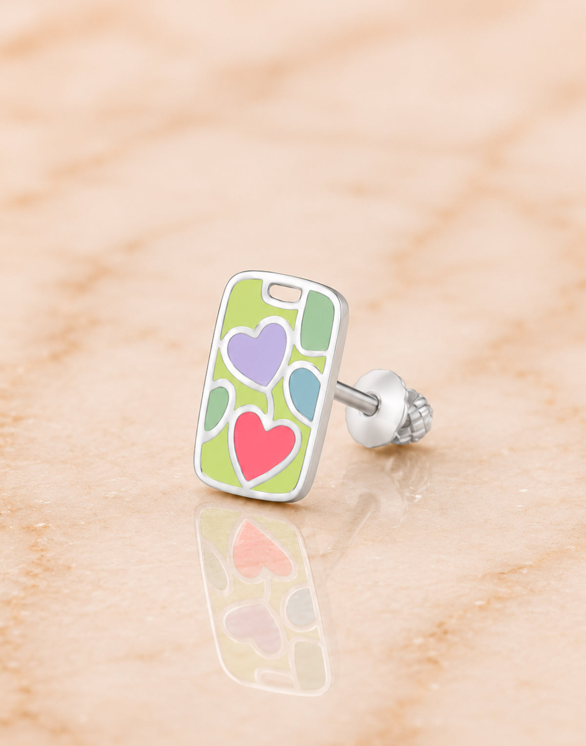 Hearts Enamel White Gold Palladium Plating Hypoallergenic Kids Screwback Stud Earrings Surgical Titanium Posts - close-up