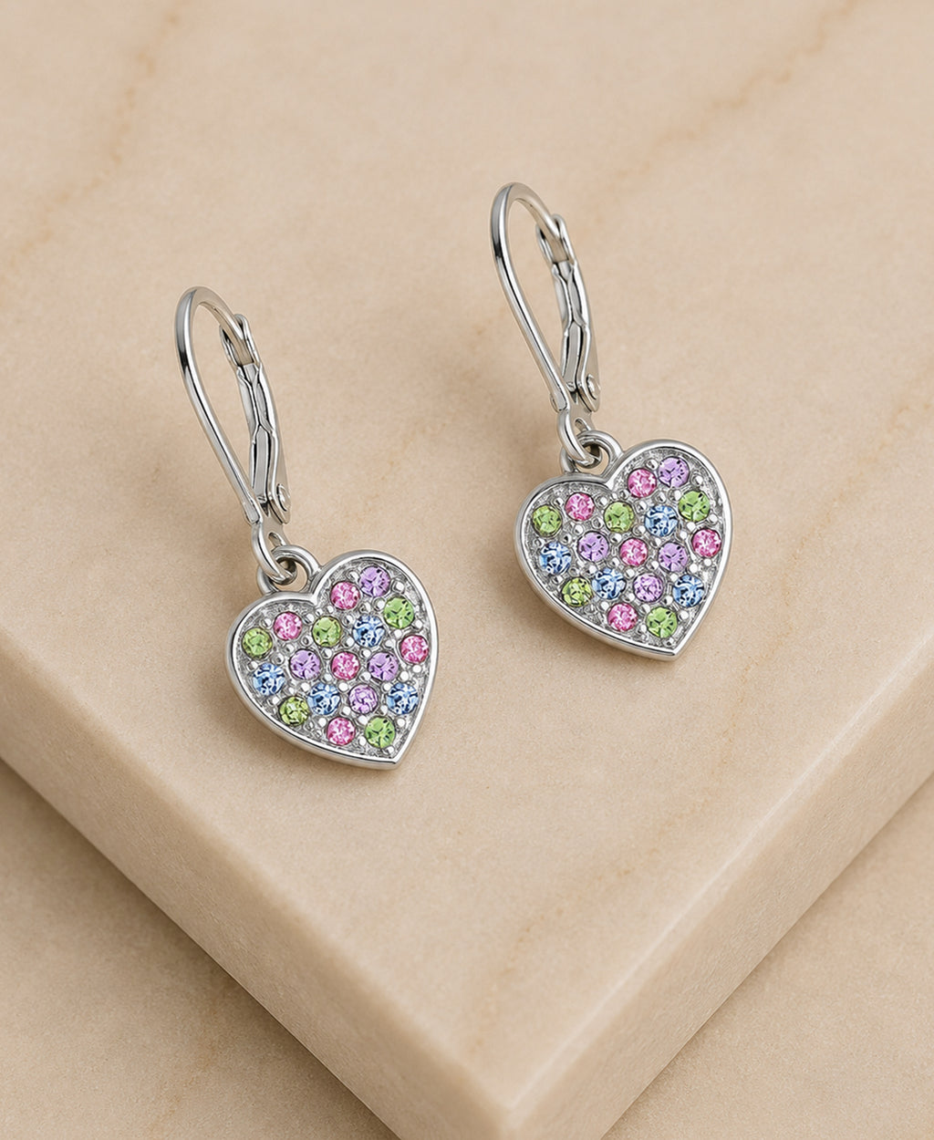 Heart Crystal White Gold Palladium Plating Hypoallergenic Kids Leverback Earrings are made from 925 Sterling silver - close-up