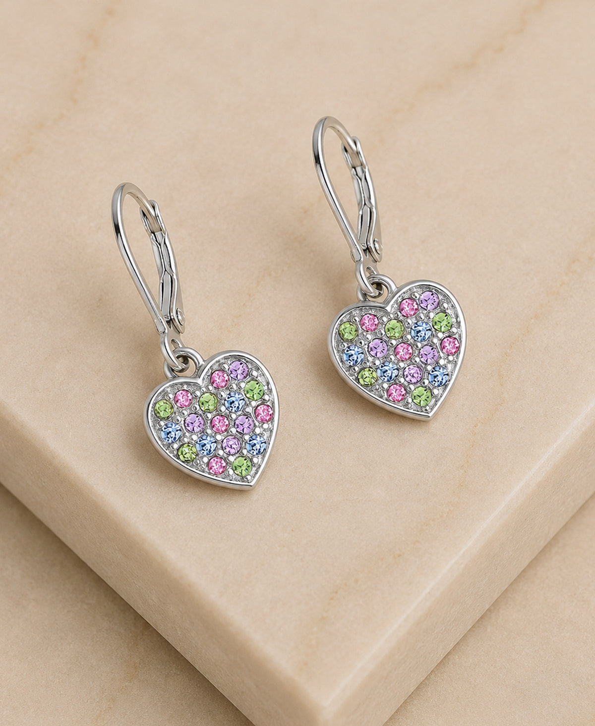 Heart Crystal White Gold Palladium Plating Hypoallergenic Kids Leverback Earrings are made from 925 Sterling silver - close-up