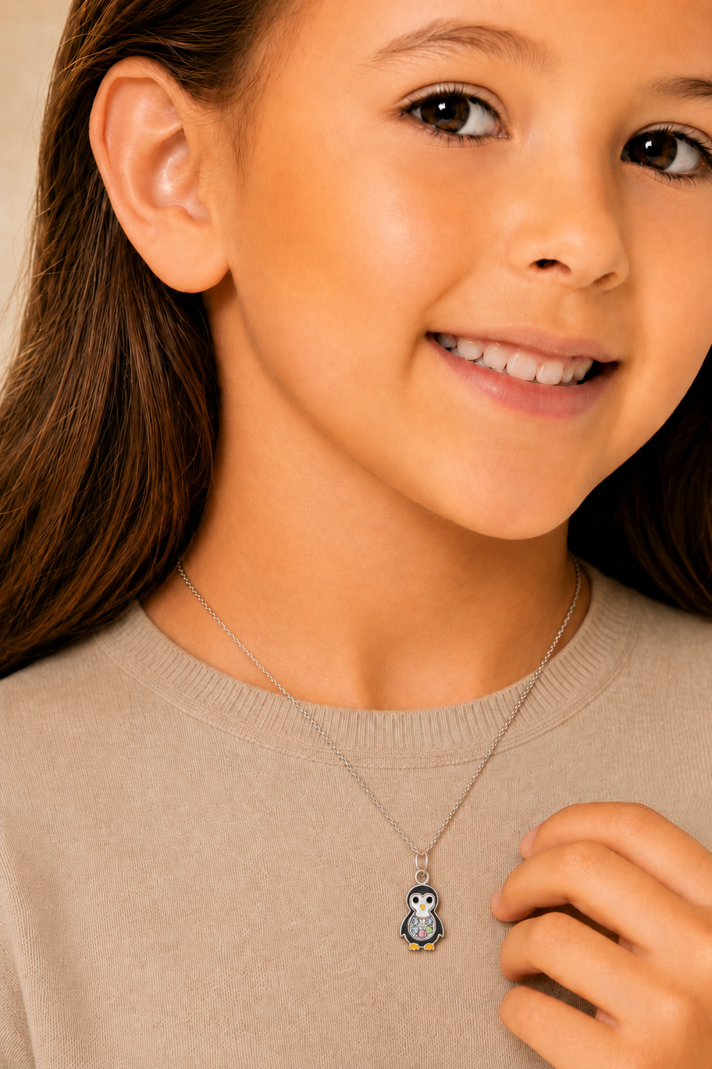 Penguin Crystal White Gold Palladium Plating Hypoallergenic Kids Necklace - worn