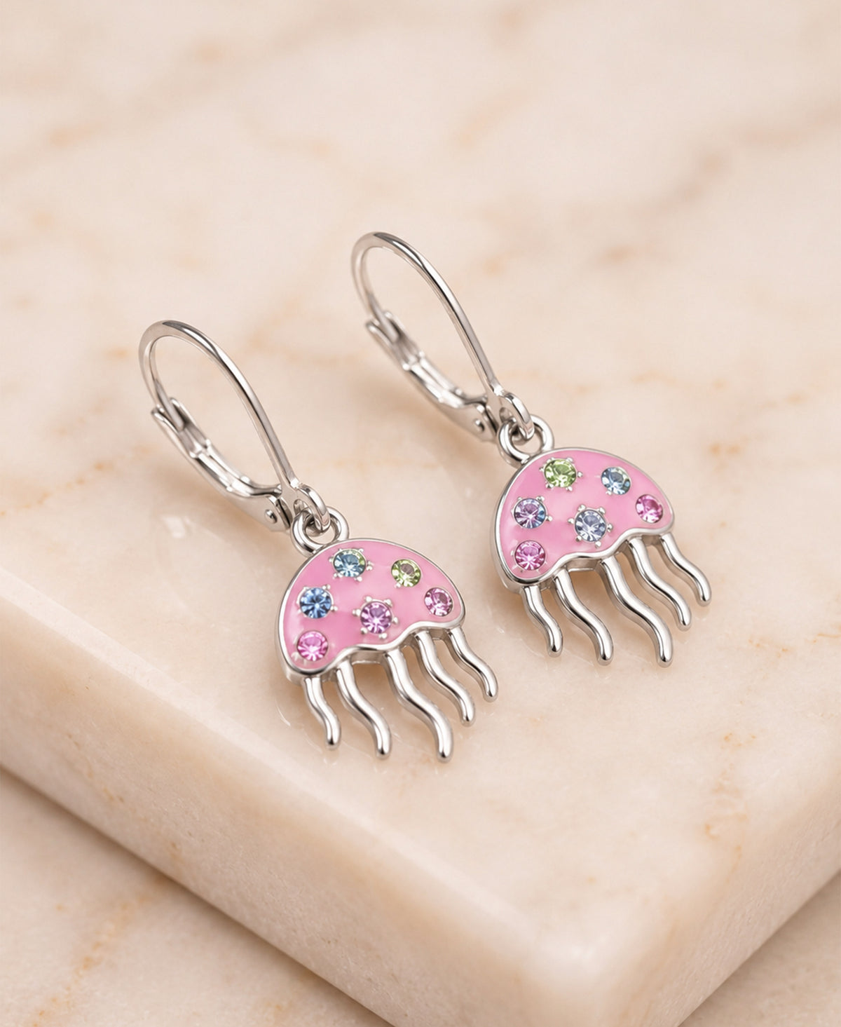 Pink Jellyfish Multi-color Crystal White Gold Palladium Plating Girl's Leverback Earrings - close-up