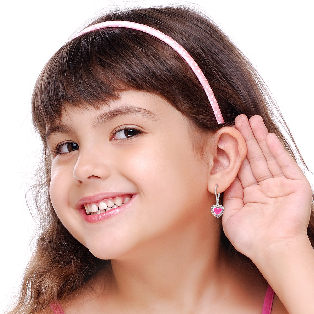 Heart Crystal White Gold Palladium Plating Hypoallergenic Kids Leverback Earrings - worn