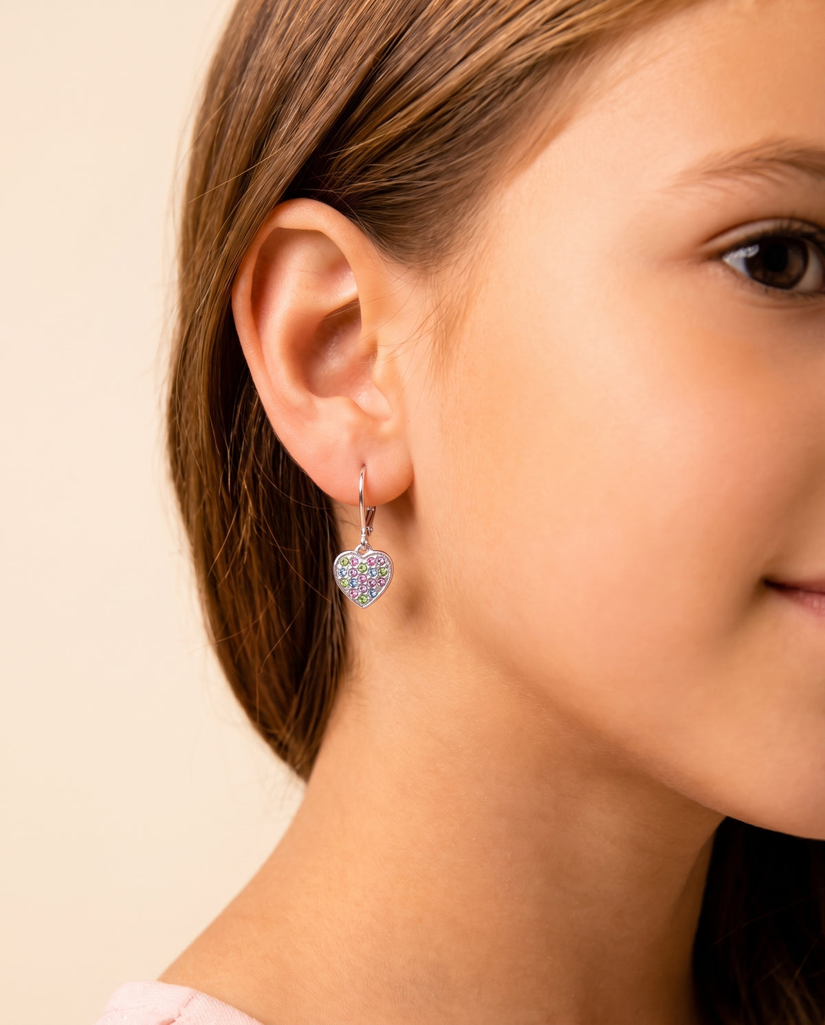 Heart Crystal White Gold Palladium Plating Hypoallergenic Kids Leverback Earrings are made from 925 Sterling silver - worn