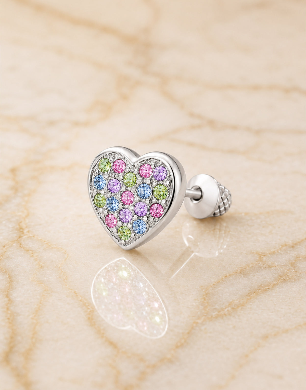 Heart Multi-color Crystal White Gold Plating Hypoallergenic Kids Screwback Stud Earrings Surgical Titanium Posts - close-up