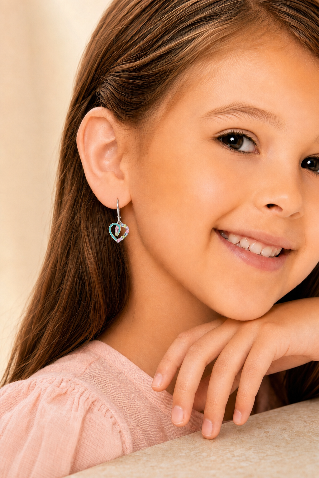 Hearts Blue Crystal White Gold Palladium Plating Hypoallergenic Kids Leverback Earrings are made from 925 Sterling silver - worn