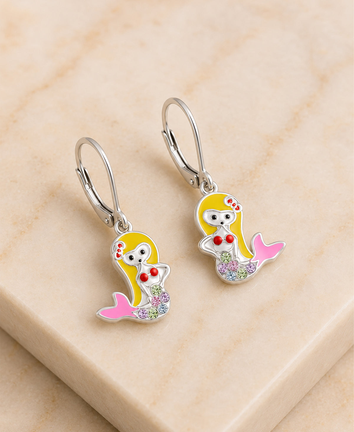 Mermaid Crystal White Gold Palladium Plating Hypoallergenic Kids Leverback Earrings - close-up