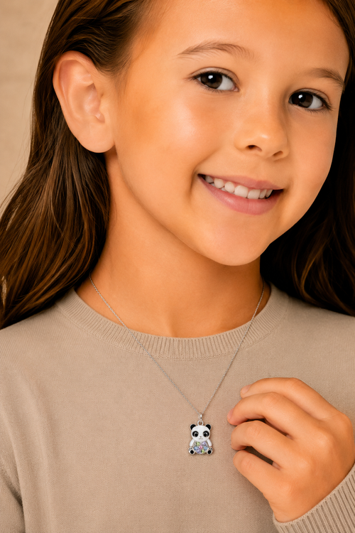 Panda Multi-color Crystal White Gold Palladium Plating Hypoallergenic Kids Necklace - worn