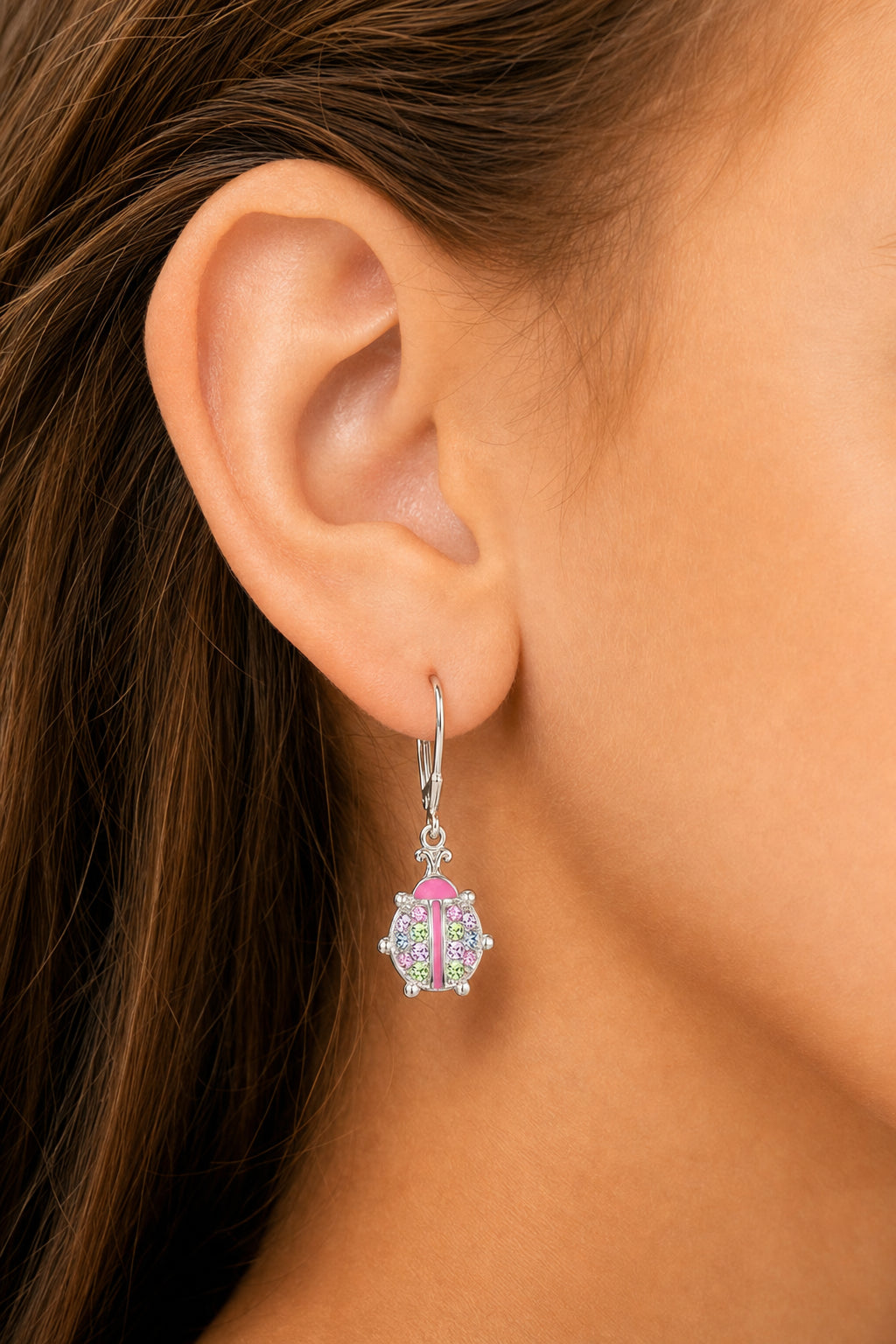 Ladybug Crystal White Gold Palladium Plating Hypoallergenic Kids Leverback Earrings - worn