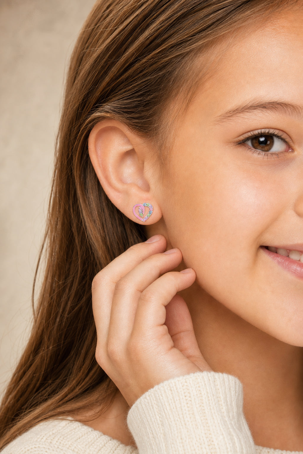 Heart Pink Crystal White Gold Palladium Plating Hypoallergenic Kids Screwback Stud Earrings Surgical Titanium Posts - worn