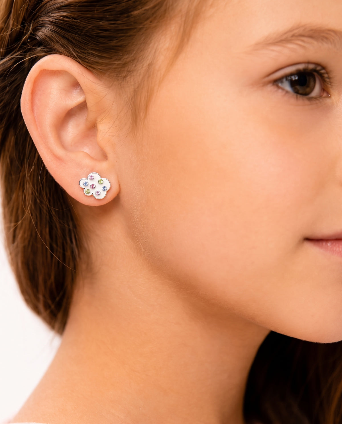 Clouds Crystal White Gold Palladium Plating Hypoallergenic Kids Screwback Stud Earrings Surgical Titanium Posts - worn