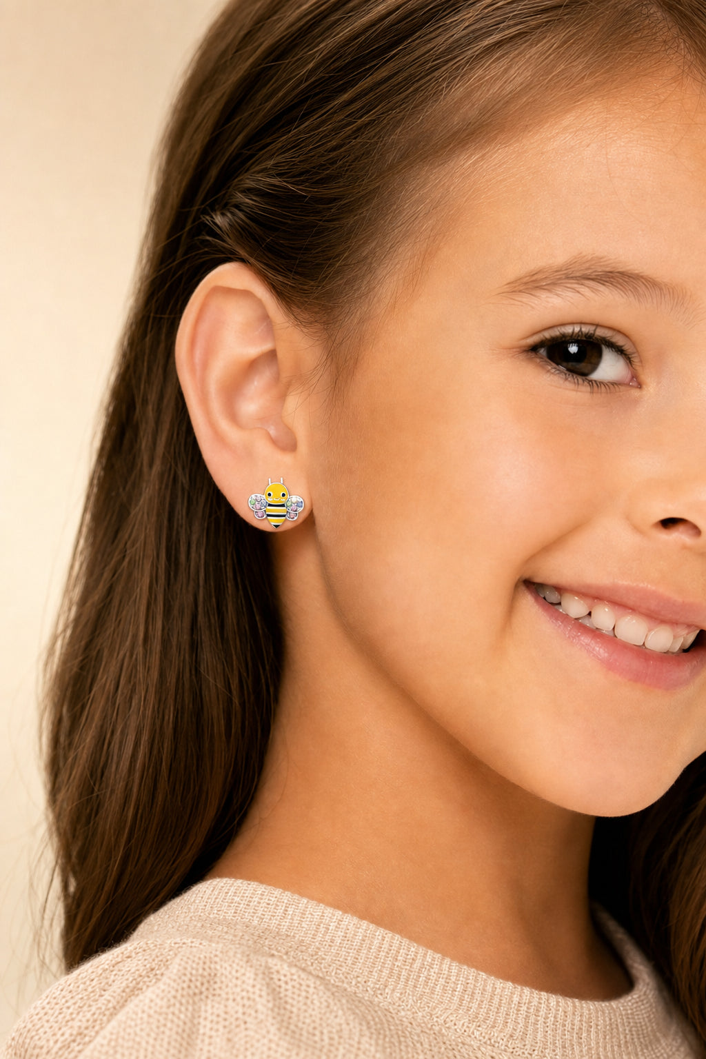 Bee Yellow Crystal White Gold Palladium Plating Hypoallergenic Kids Screwback Stud Earrings Surgical Titanium Posts - worn