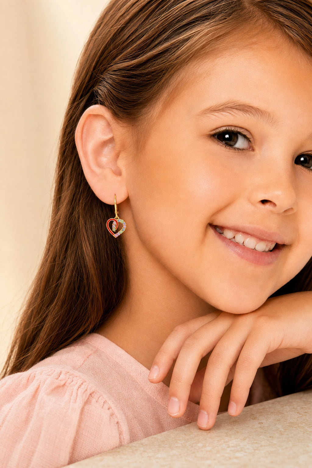 Heart Red Crystal Yellow Gold Brass Plating Hypoallergenic Kids Leverback Earrings are made from 925 Sterling silver - worn