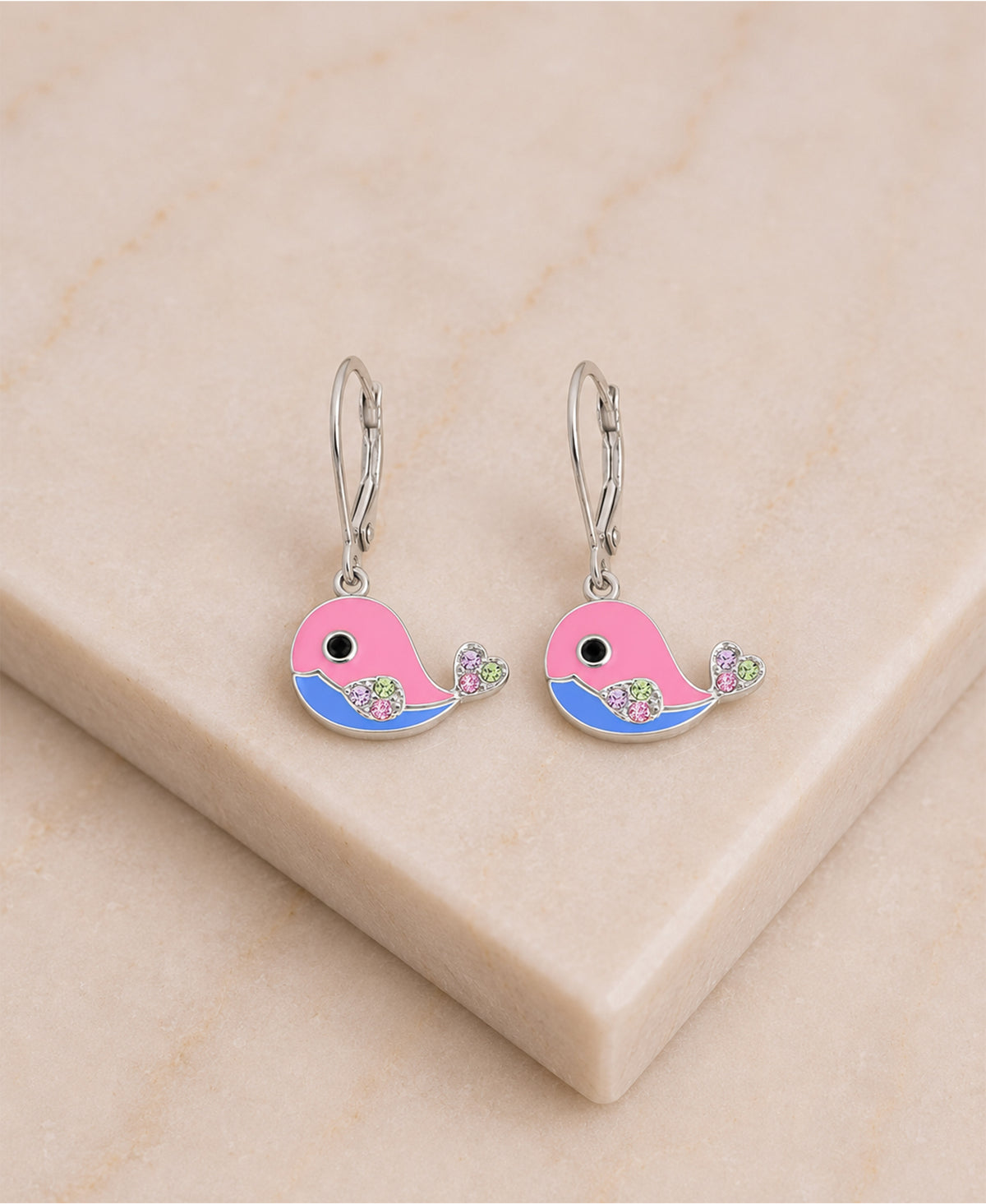 Pink Whale Multi-color Crystal White Gold Palladium Plating Girl's Leverback Earring - close-up