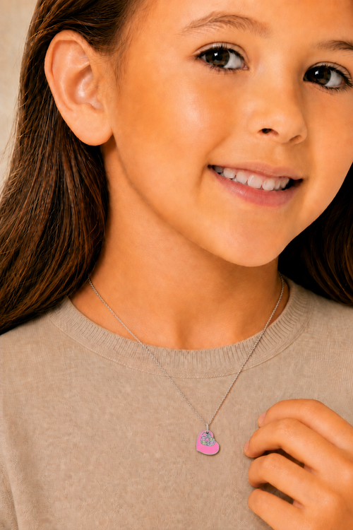 Heart Pink Crystal White Gold Palladium Plating Hypoallergenic Kids Necklace - worn