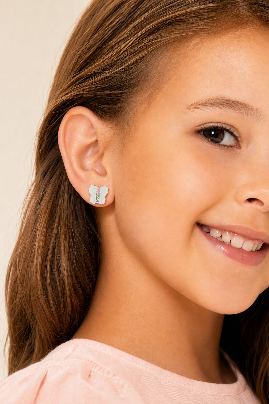 Butterfly White Enamel Crystal Rose Gold Brass Plating Hypoallergenic Kids Screwback Stud Earrings Surgical Titanium Posts - worn