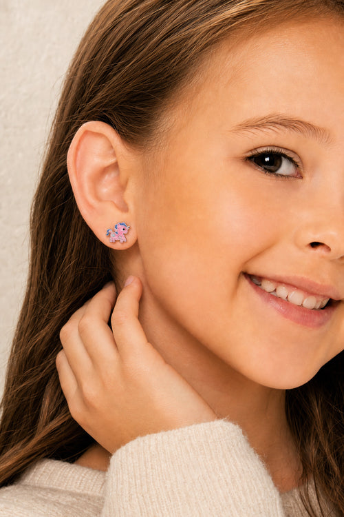 Unicorn Enamel Crystal White Gold Palladium Plating Hypoallergenic Kids Screwback Stud Earrings Surgical Titanium Posts - worn