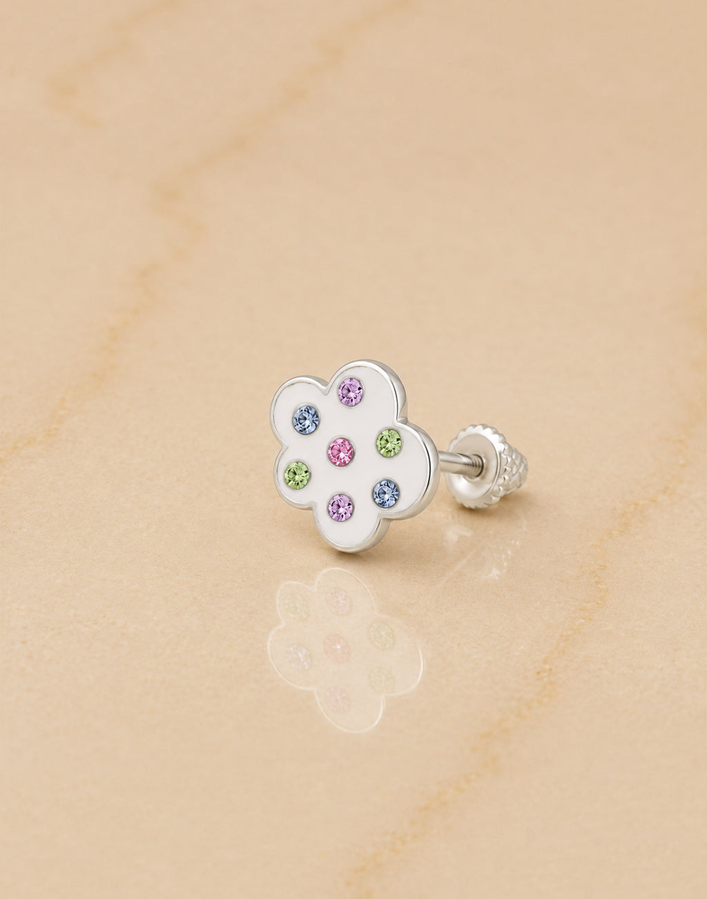Clouds Crystal White Gold Palladium Plating Hypoallergenic Kids Screwback Stud Earrings Surgical Titanium Posts - close-up