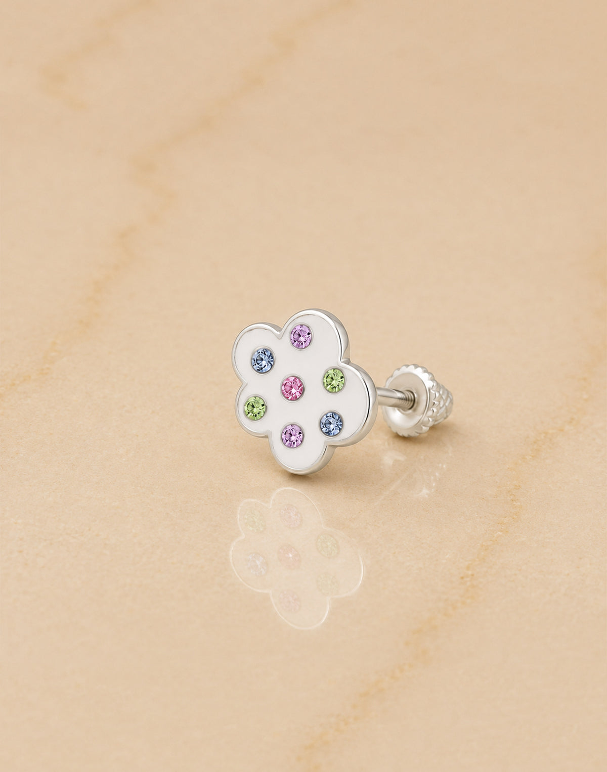 Clouds Crystal White Gold Palladium Plating Hypoallergenic Kids Screwback Stud Earrings Surgical Titanium Posts - close-up