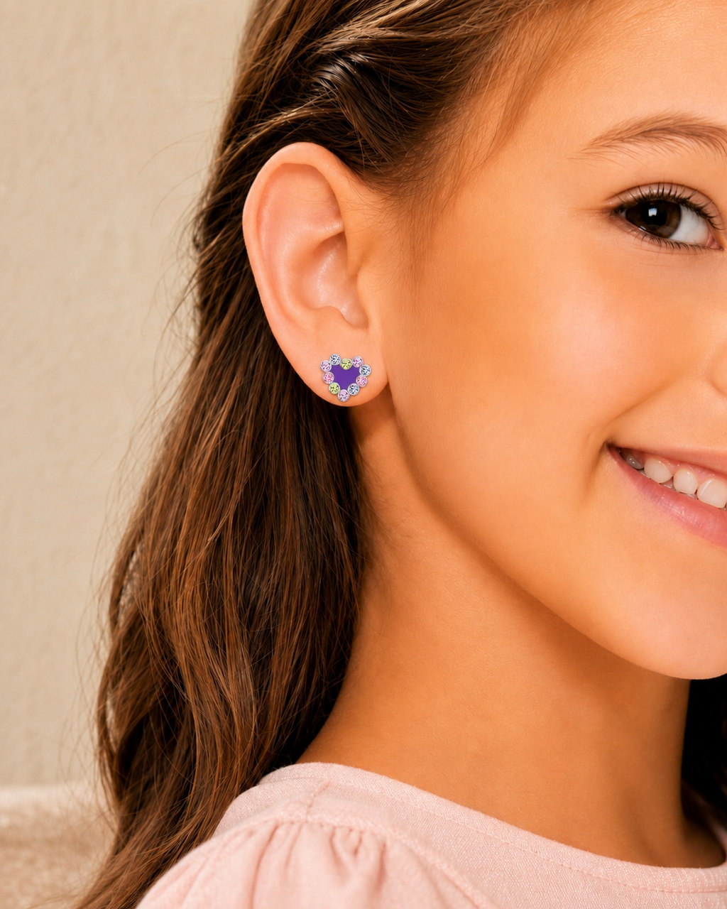Heart Purple Enamel Crystal White Gold Palladium Plating Hypoallergenic Kids Screwback Stud Earrings Surgical Titanium Posts - worn